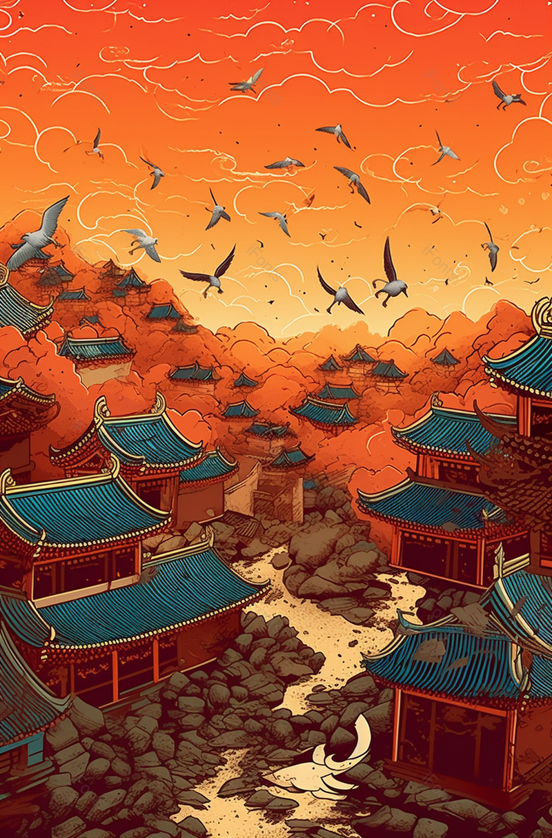 红色国潮风古迹建筑仙鹤祥云插画,插画/手绘图,插画/手绘图库,插画/手绘图下载,插画/手绘